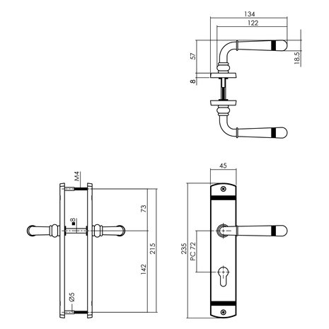 DEURKRUK EMILY OP LANGSCHILD PROFIELCILINDER 72MM PVD MESSING technische tekening 