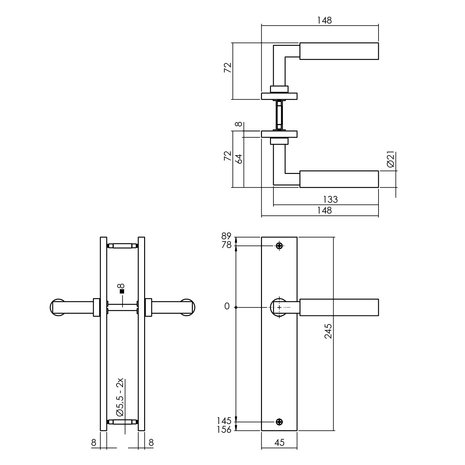 DEURKRUK BAUSTIL OP LANGSCHILD 245X45MM BLIND PVD MESSINGKLEUR technische tekening